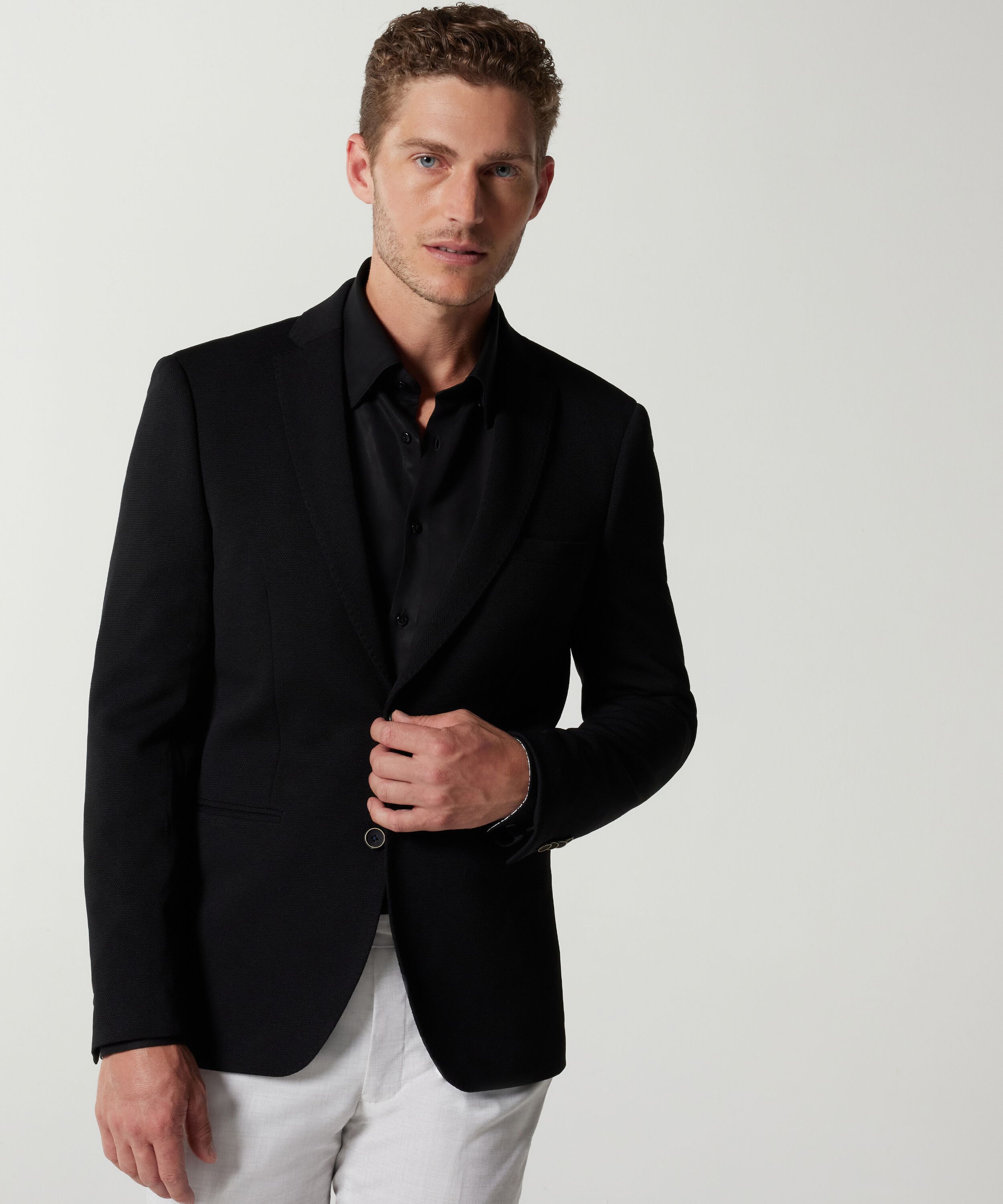 Slim Stretch Knitted Tailored Blazer - Black, Blazers