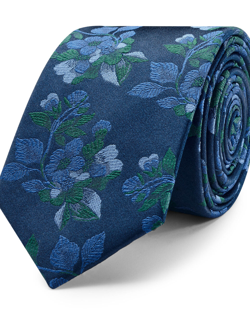 Basico Slim Floral Silk Tie, Blue, hi-res