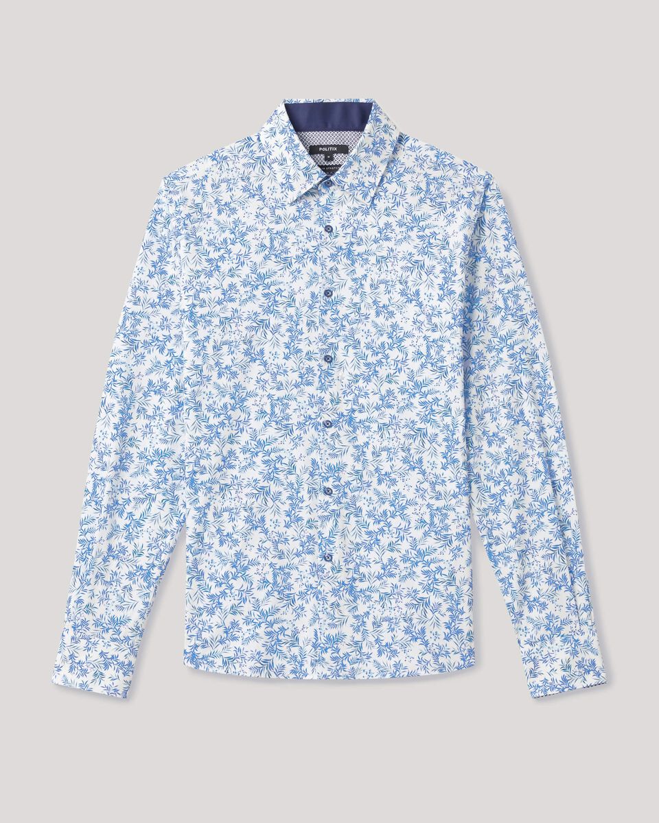 Mens White/Blue Long Sleeve Floral Dress Shirt