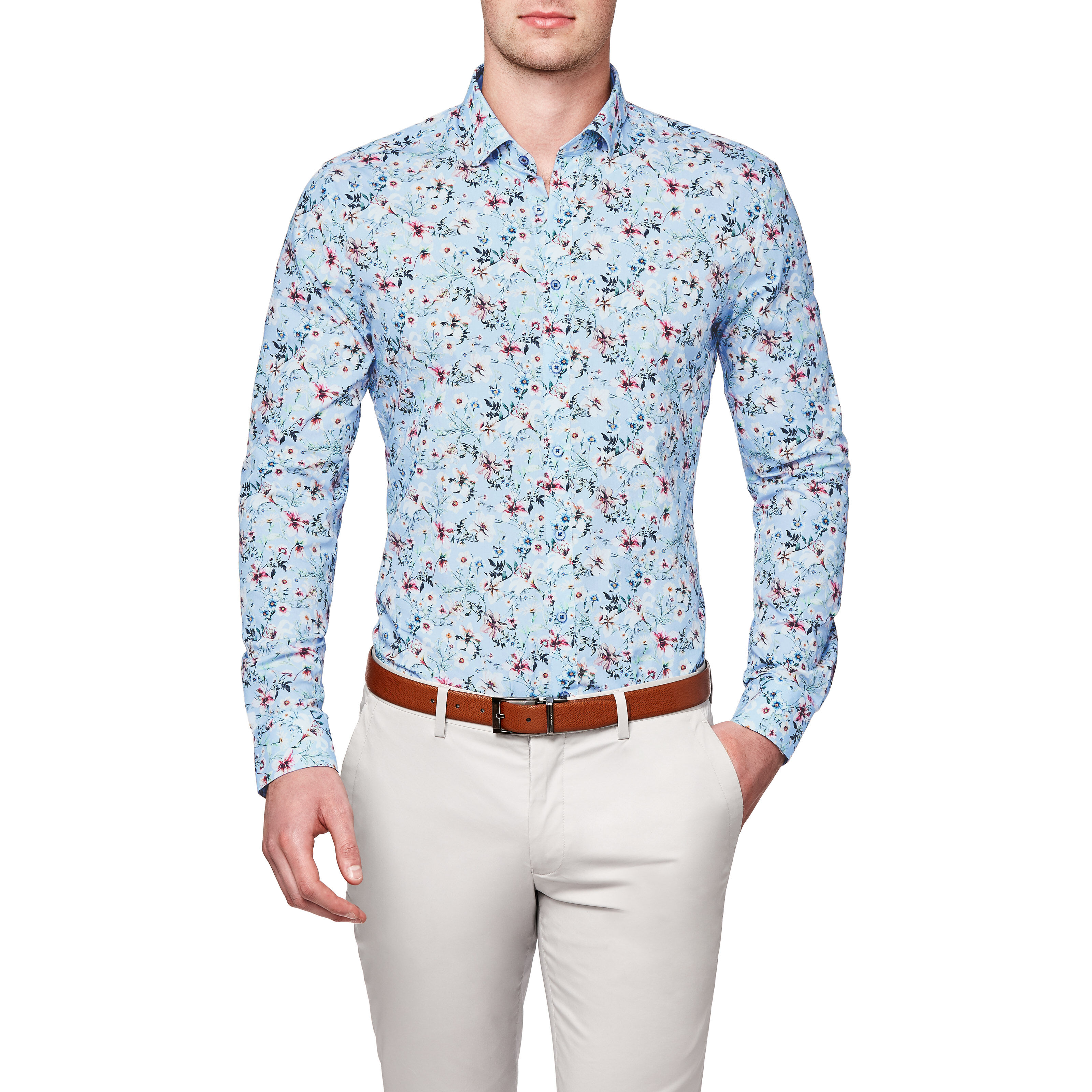 Sky blue floral shirt clearance