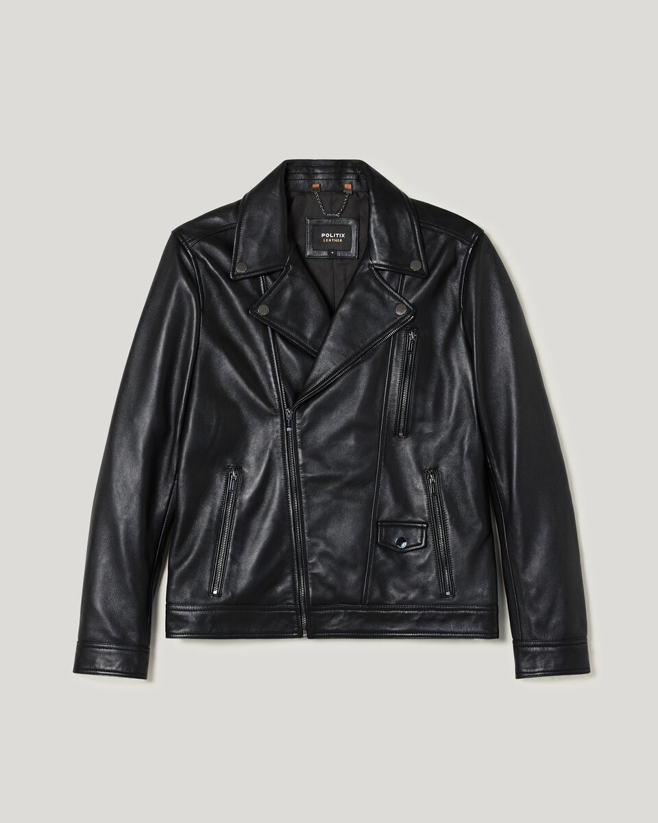 Leather Asymmetric Biker, Black, hi-res