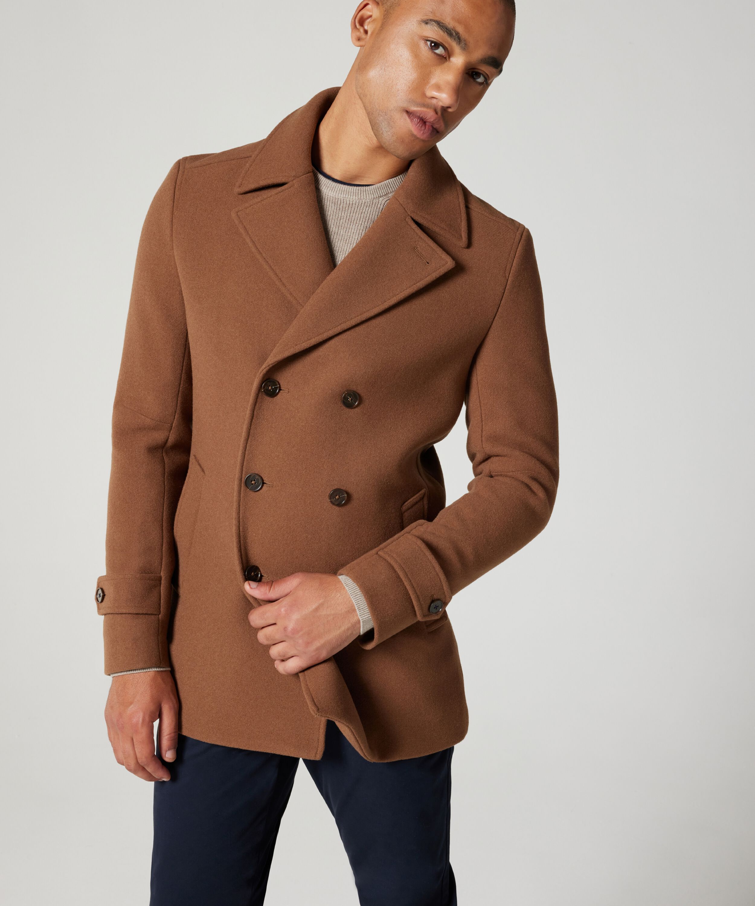 Wool Blend Peacoat Jacket - Dark Tan, Casual Jackets