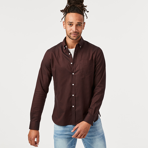 Model wearing burgundy twill Model wearing burgundy twill shirt paired with jeans from Politix shirt from Politix Model wearing burgundy twill shirt paired with jeans from Politix