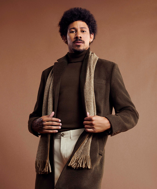 Outfit featuring layered chocolate look Model wearing layered chocolate roll neck and coat