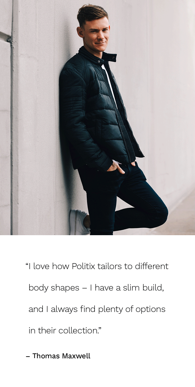 Thomas Maxwell featuring POLITIX Images of Thomas Maxwell in Navy puffer jacket, white t shirt and jeans against wall and looking down with quote