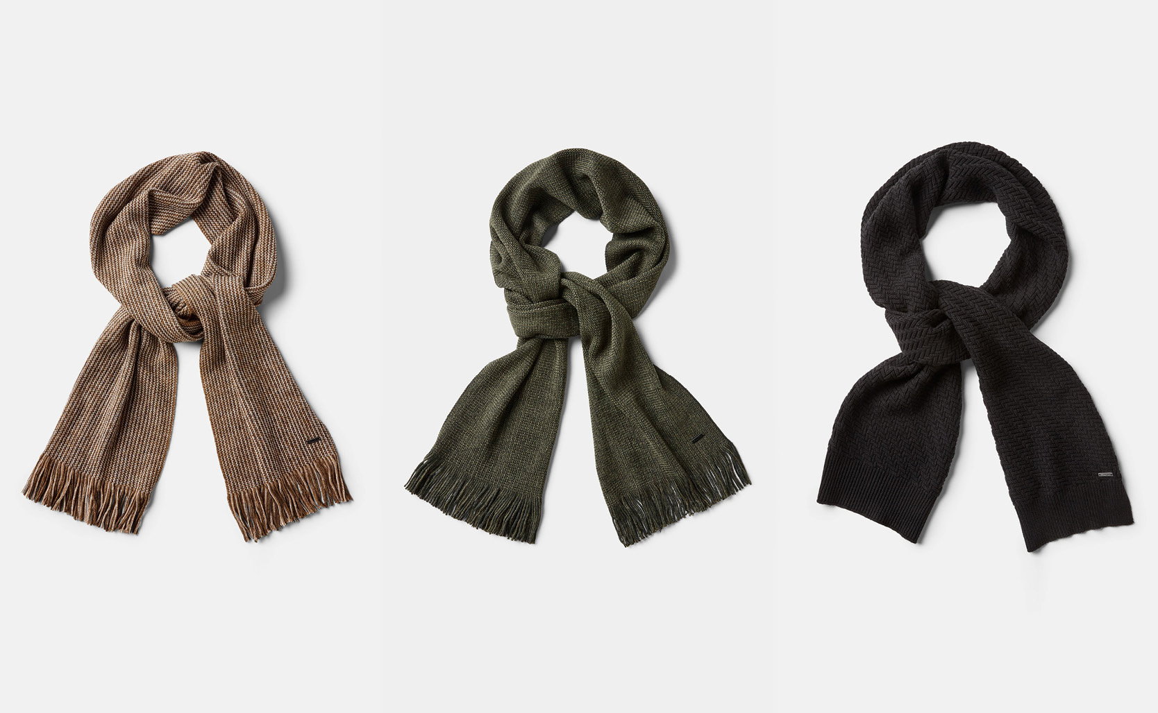 Scarves flatlay side by side in brown, khaki and black