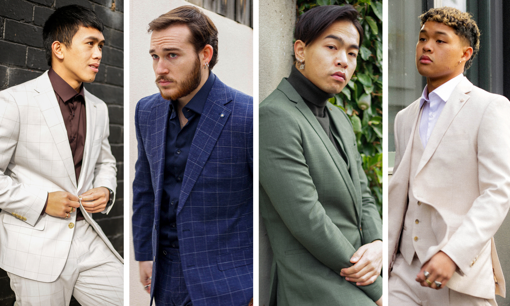 Gnomeboys featuring POLITIX Collage of gnomeboys side by side wearing POLITIX suits in Stone, blue check, dark green and fawn