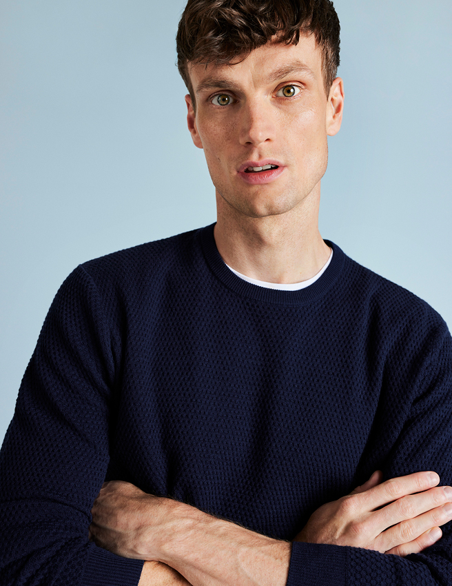 POLITIX Men's Ultimate Knitwear Guide Collage of model wearing navy POLITIX sweater in front of blue background