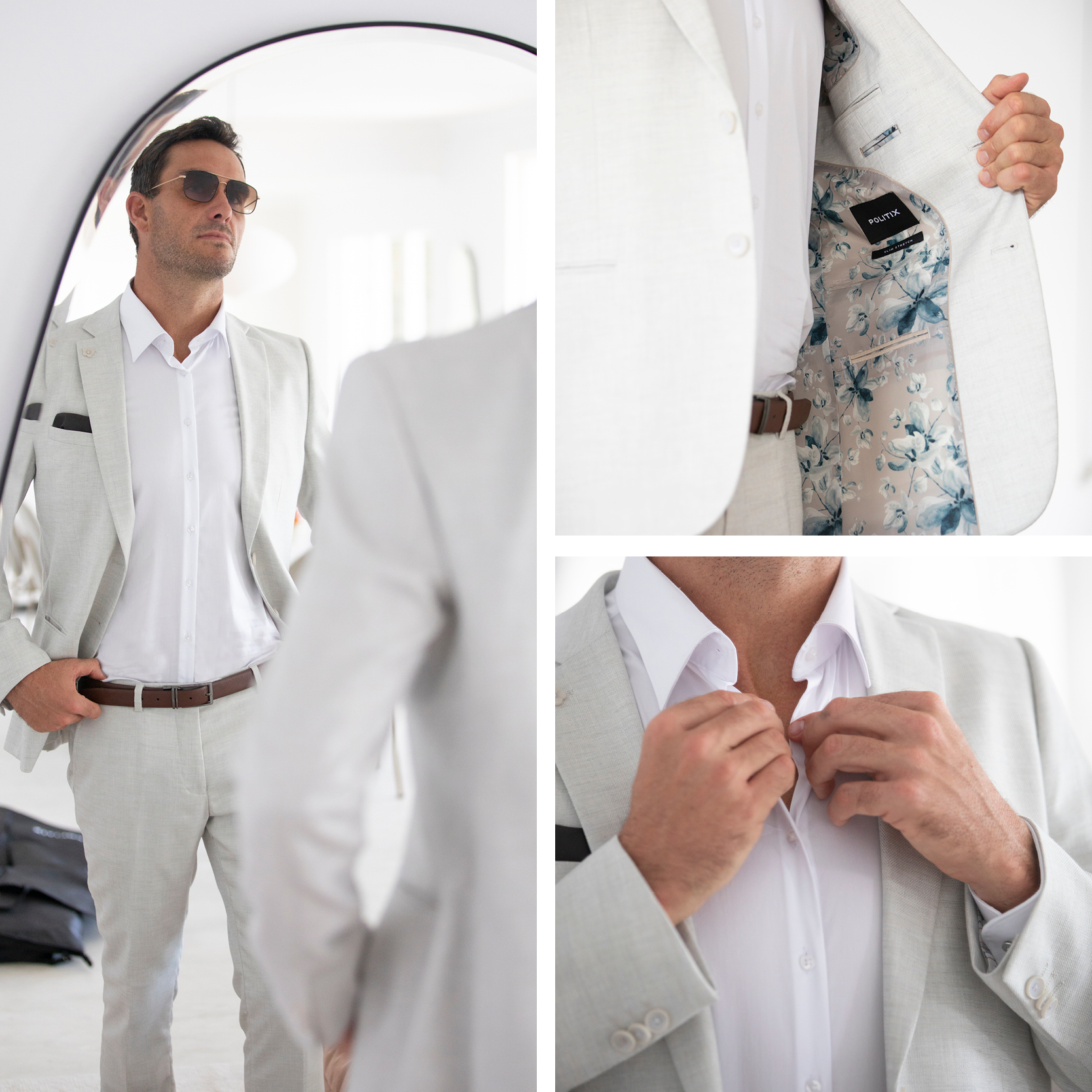 Matt Poole wearing Natural Suit Look wearing the cream Parkfield Suit, white shirt and sunglasses looking to the mirror