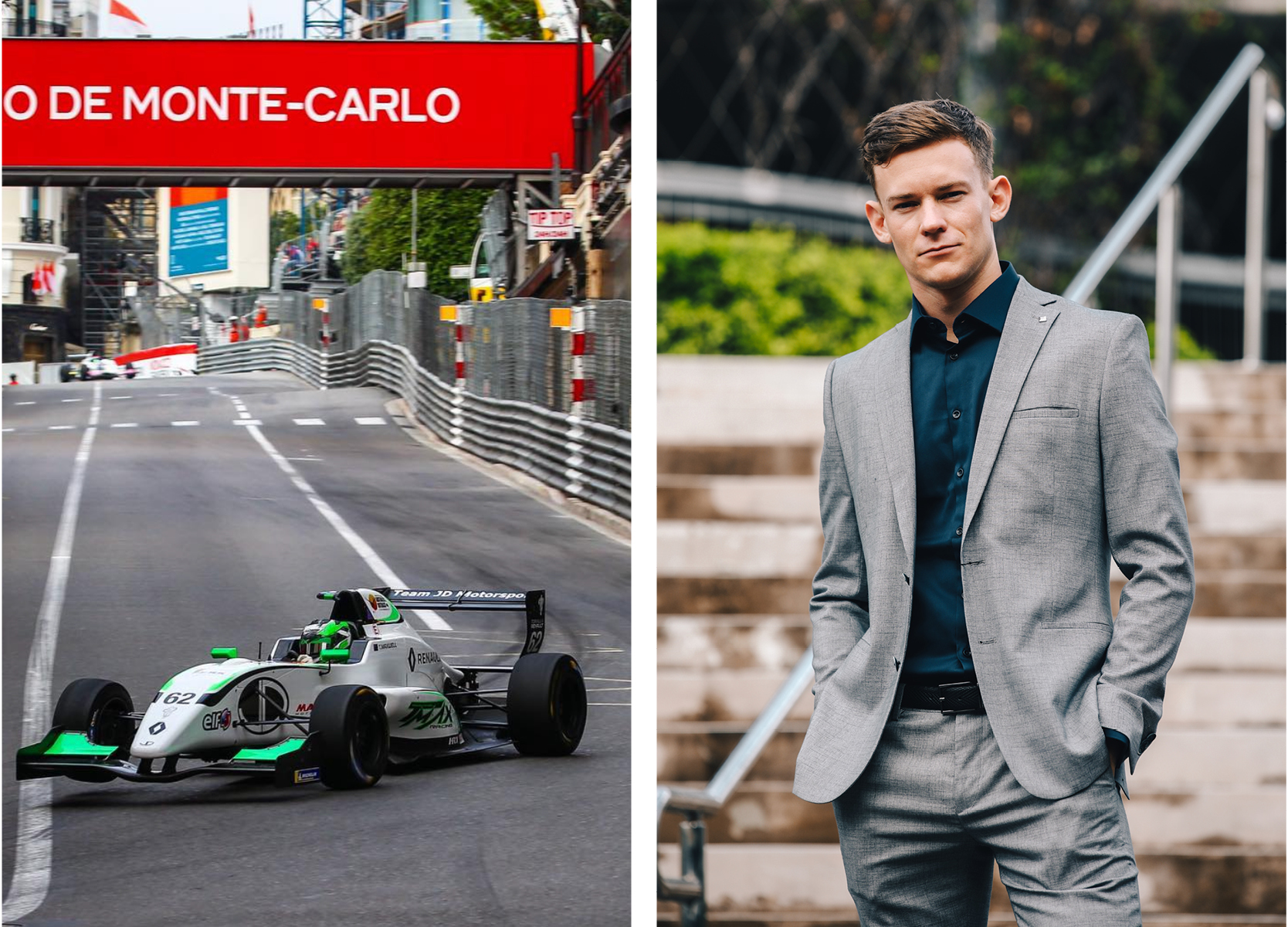 Thomas Maxwell featuring POLITIX Images of Thomas Maxwell in POLITIX dark grey suit smiling next to racecar in Monte Carlo
