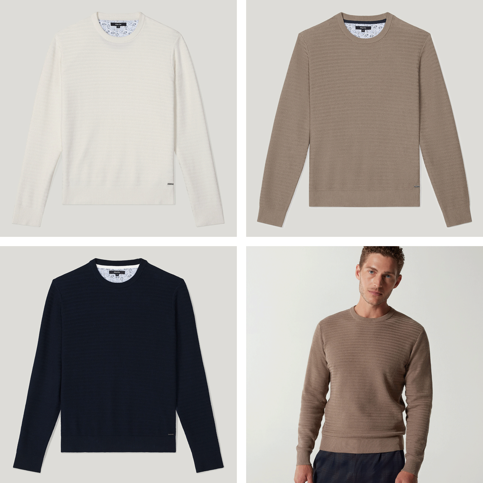 The new classic Collage of cotton crew sweater in different colours and worn by model