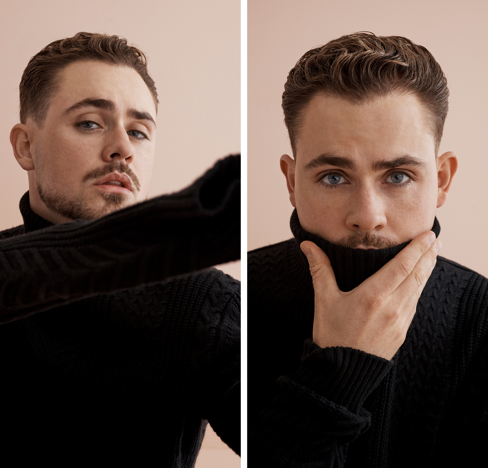 The utilitarian's uniform Dacre montgomery wearing the black cable roll neck