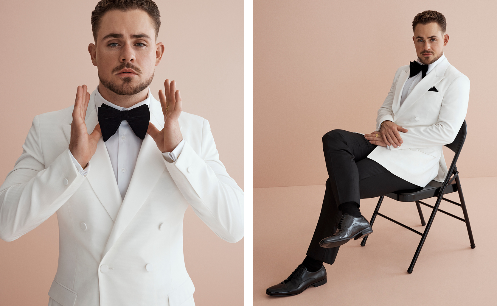 Collage of Dacre Montgomery in ivory double breasted tuxedo jacket and black pants Dacre Montgomery for The Gentle Man