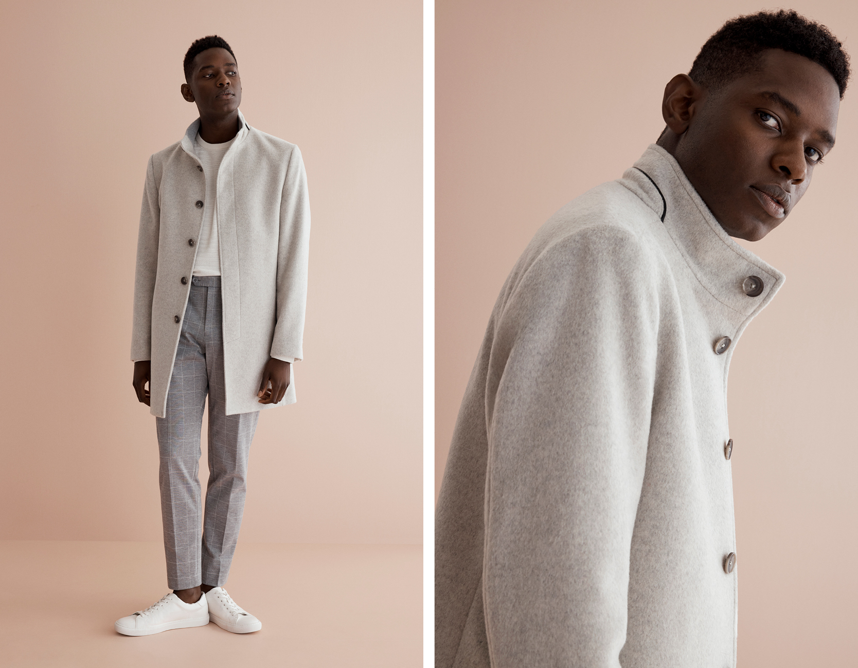 Model wearing the Melton Wool Winter White Funnel Coat Model wearing the Melton Wool Winter White Funnel Coat