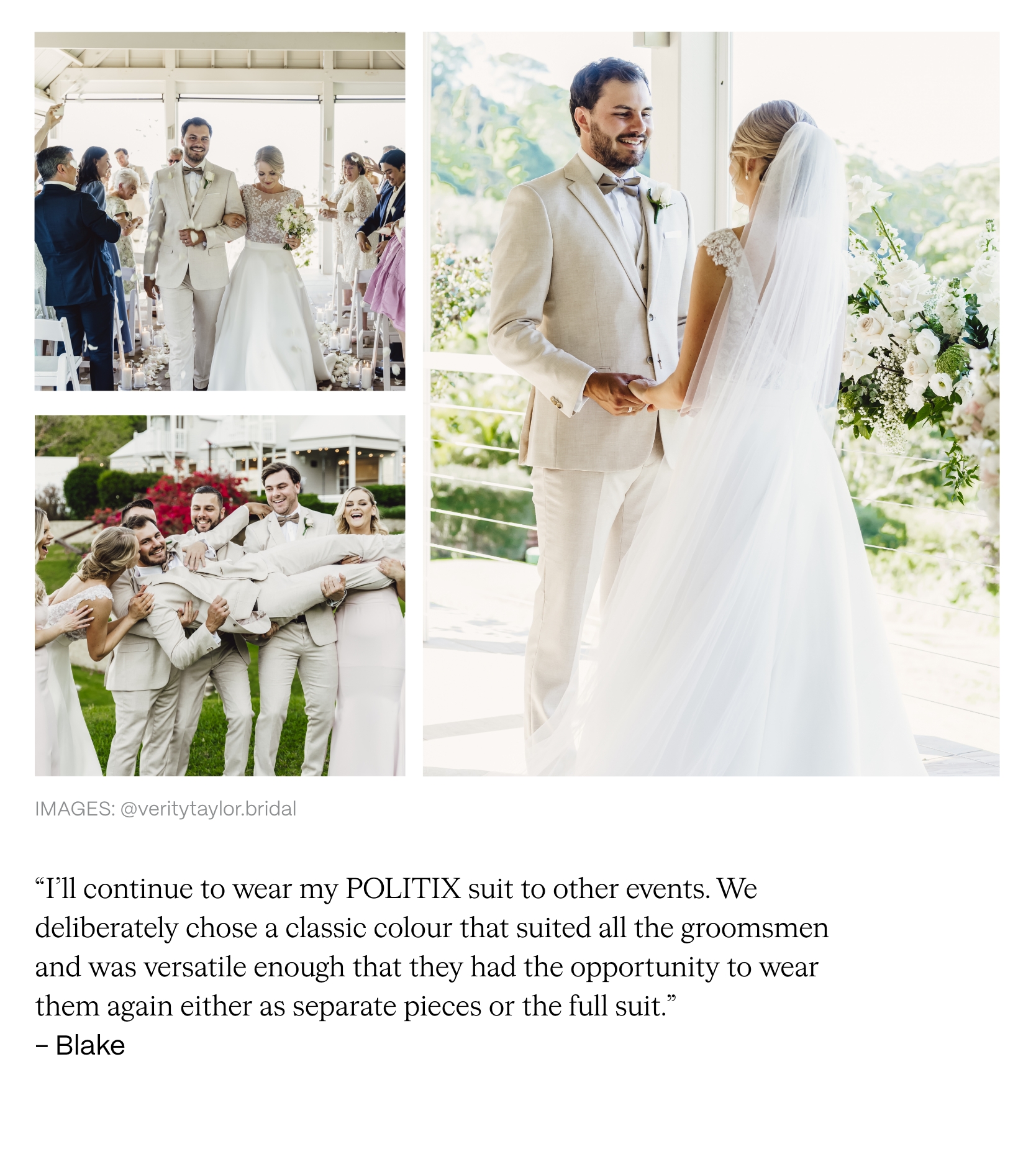 Collage of Blake and Verity. Blake wearing POLITIX suit Blake and Verity