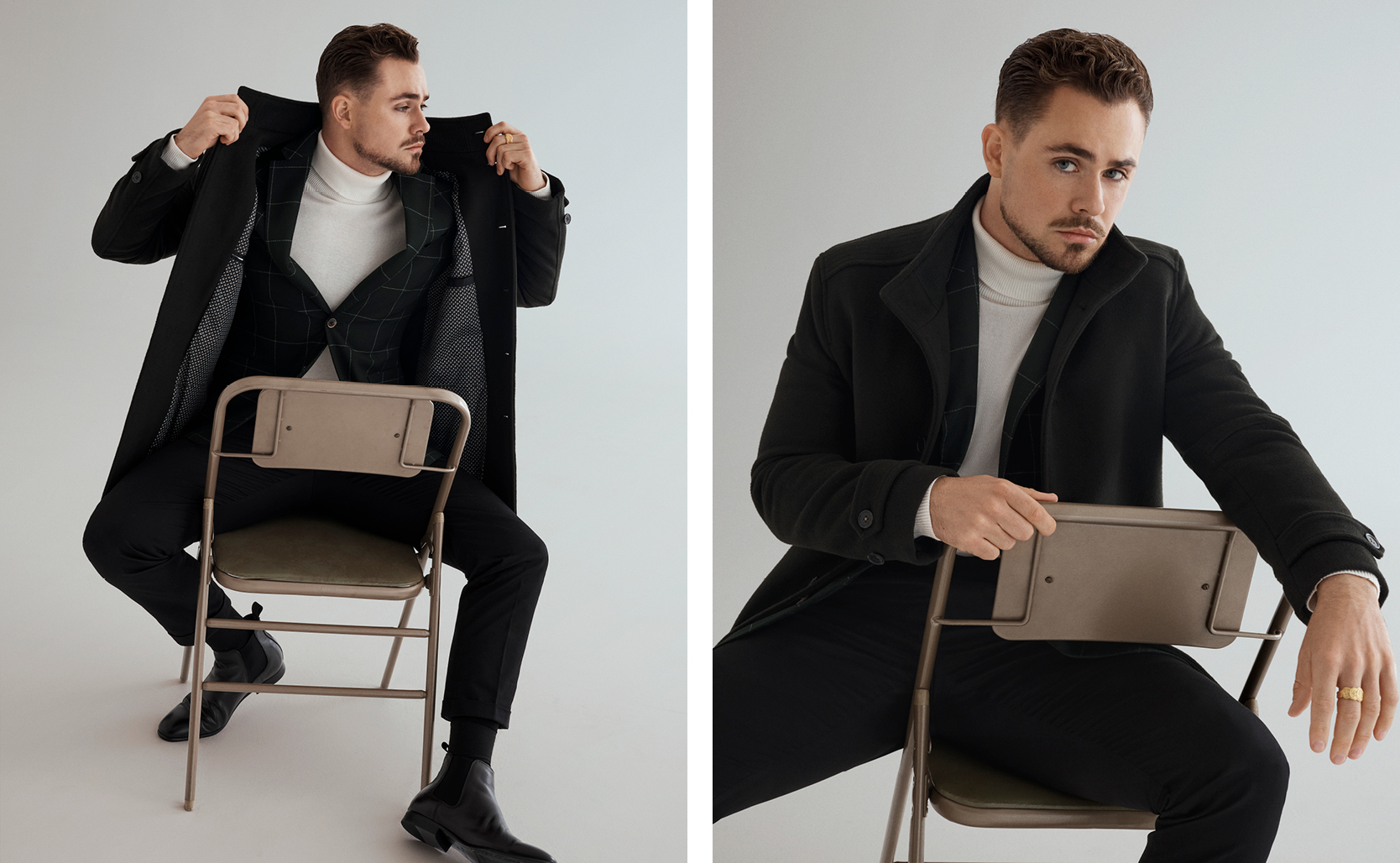 Collage of Dacre Montgomery in white roll neck, dark green check blazer, and dark khaki coat. Dacre Montgomery for The Gentle Man