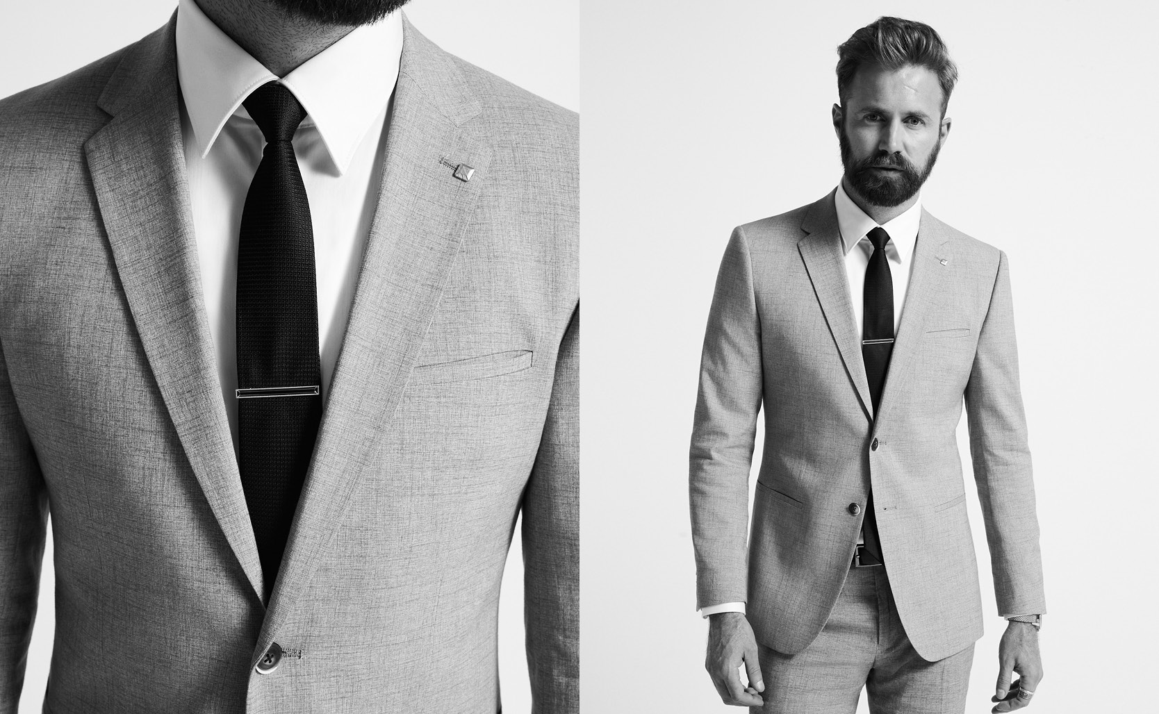 The Regular Fit Black and white image of model wearing Stretch Marle Tailored suit in Regular Fit