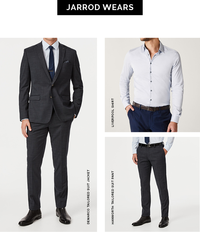 Jarrod Wears Jarrod Wears featuring images of dark grey suit and blue button up shirt