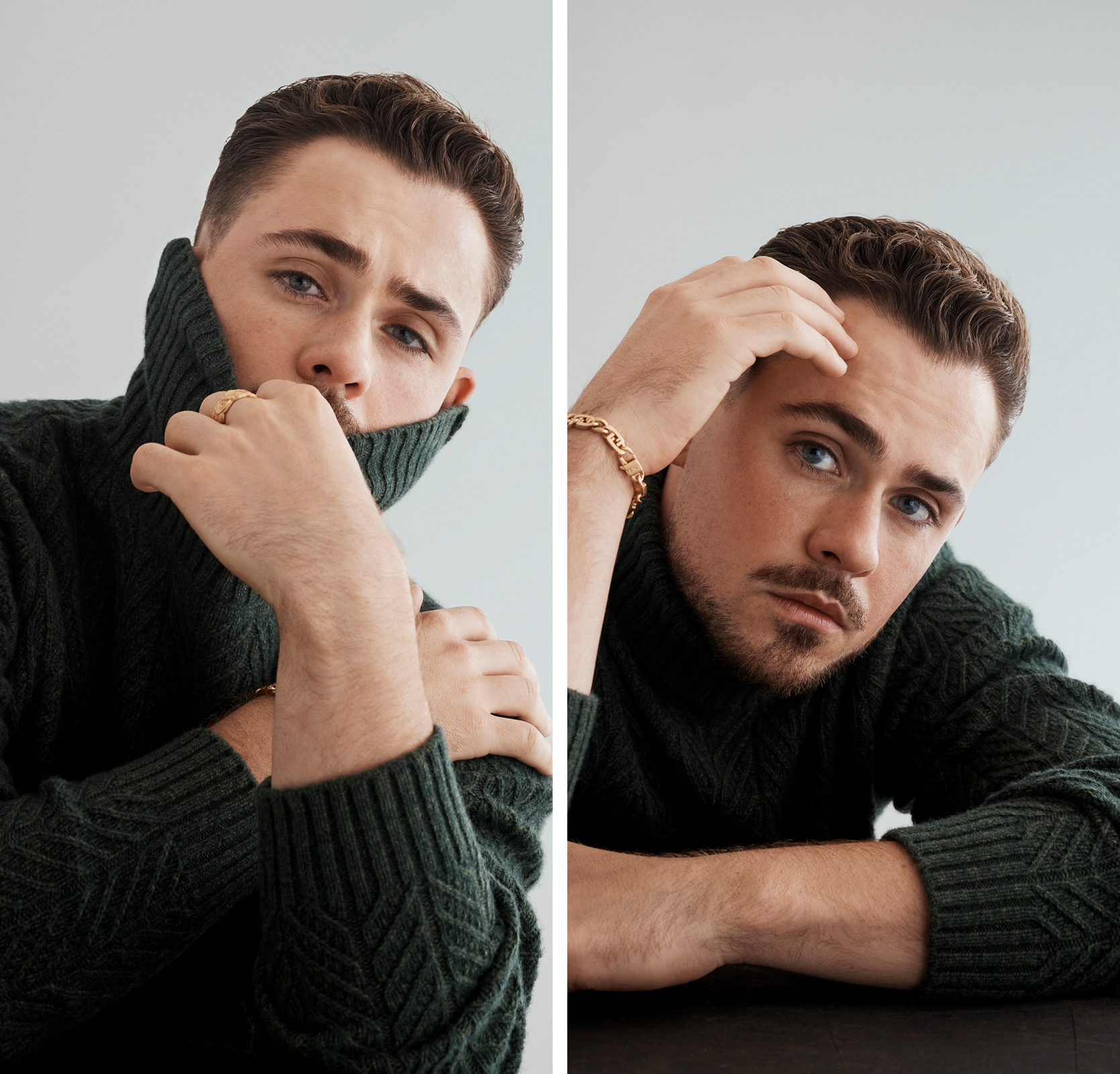 The effortless throwover Dacre montgomery wearing the dark green wool neck