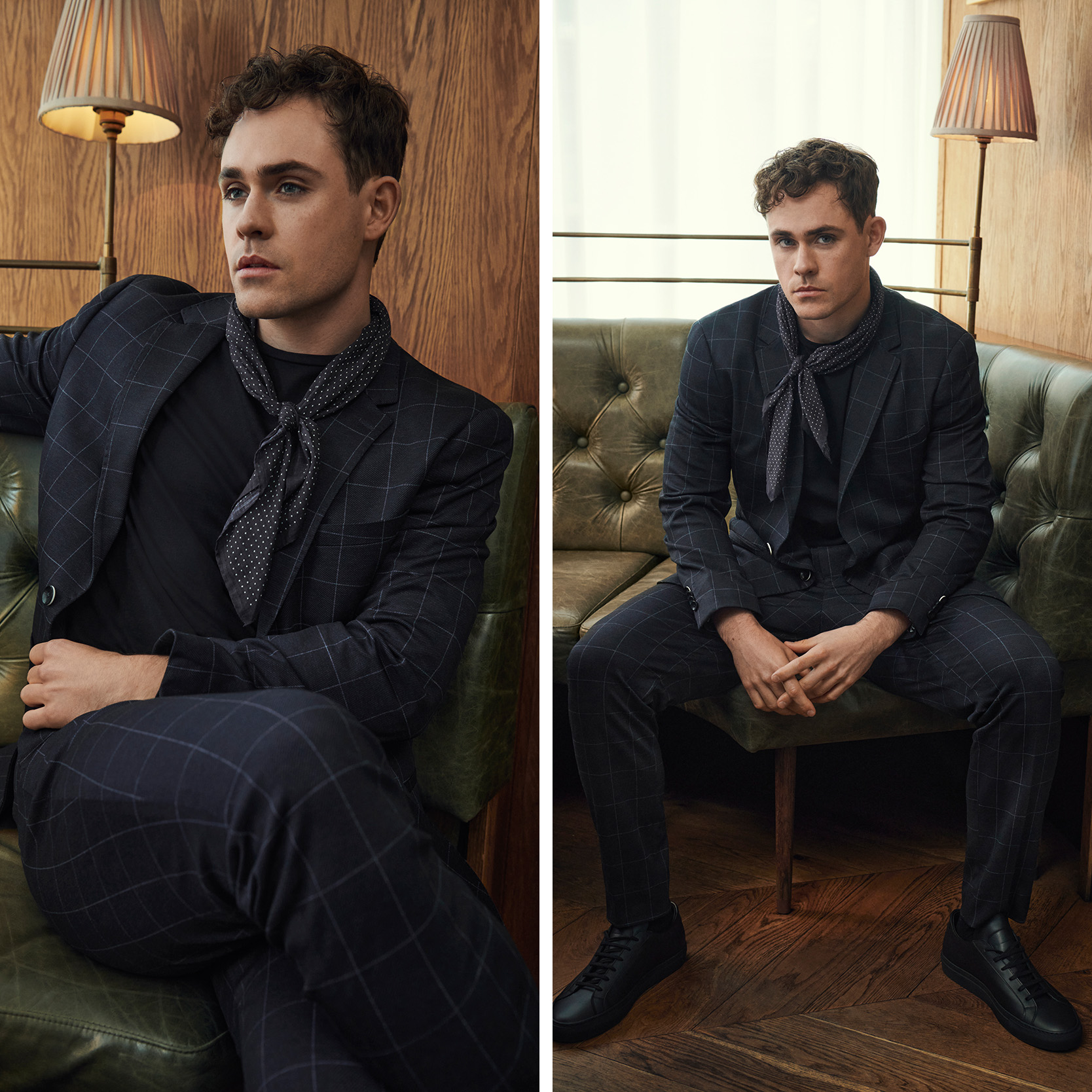 Collage of Dacre Montgomery wearing Natural suit with white shirt and gold jewellery covering one eye with hand and looking into camera Dacre Montgomery for The Gentle Man