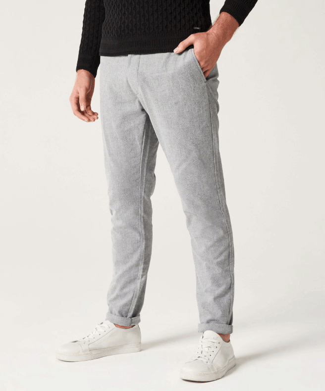 Specialty chinos Model wearing grey specialty cotton twill chino and closeup