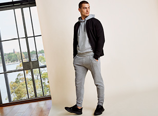 model wearing grey mens sweatsuit