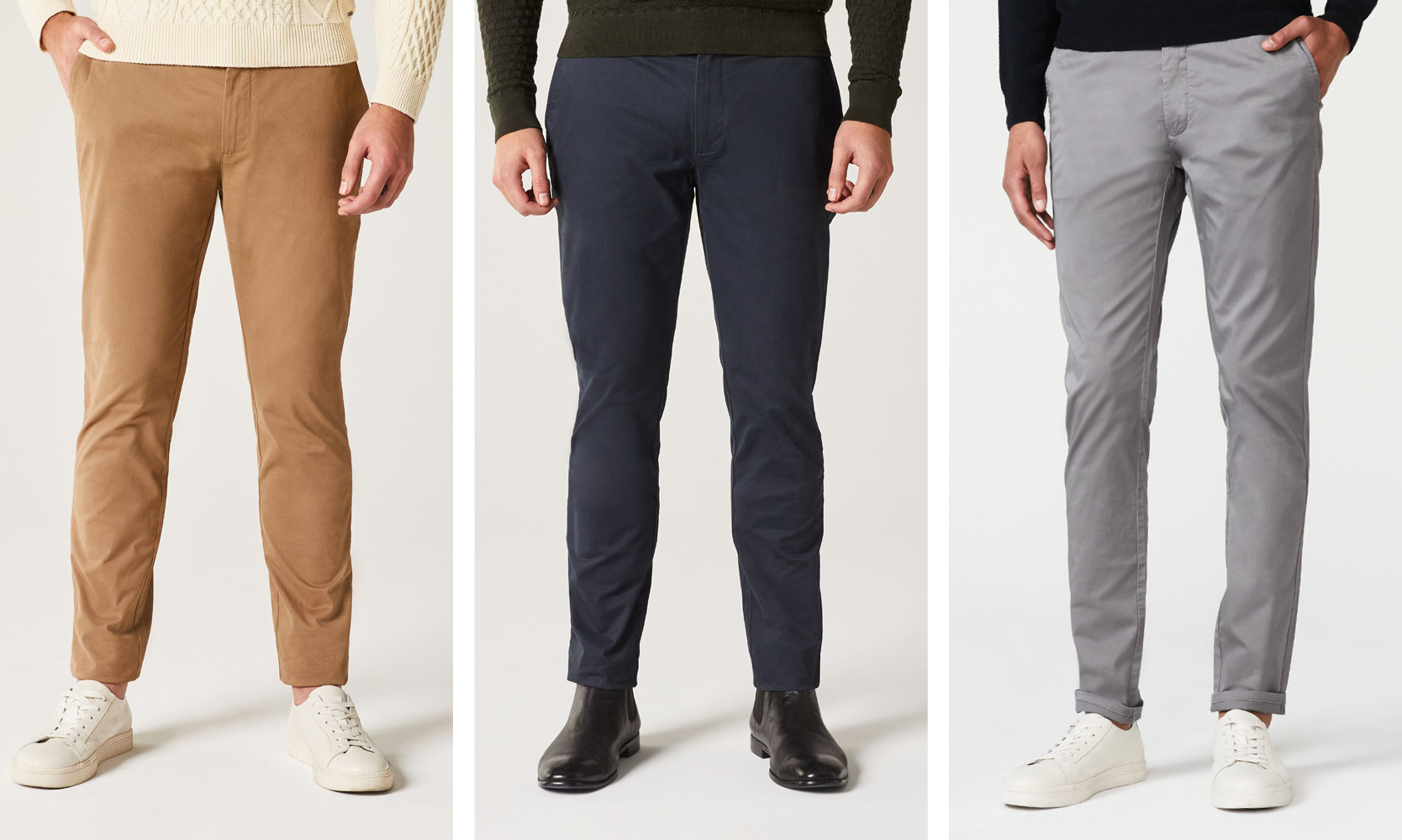 Men's Chinos For Winter Collage image of different POLITIX chinos in grey, brown and navy
