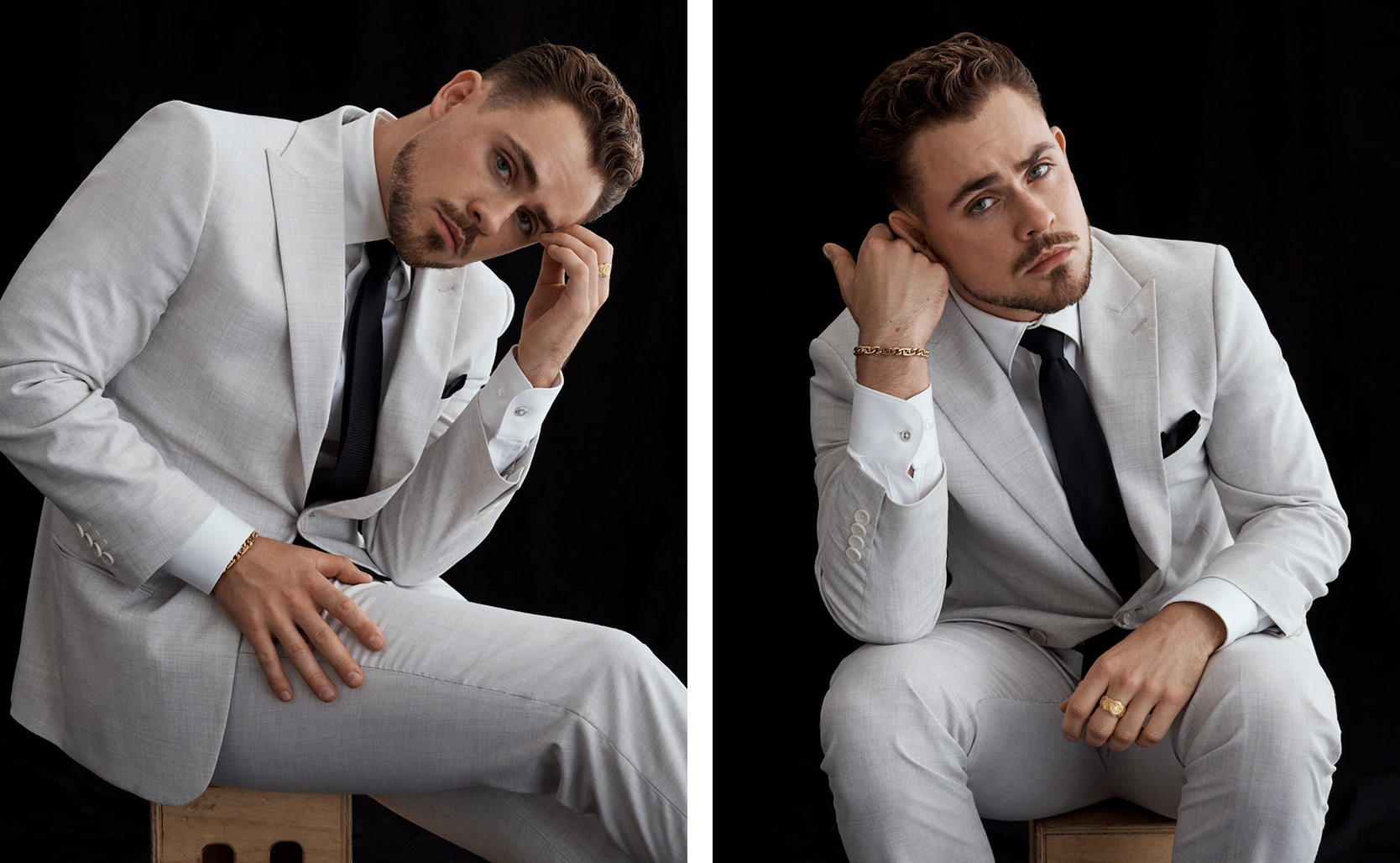 Collage of Dacre Montgomery in Winter White suit with white collared shirt and black tie Dacre Montgomery for The Gentle Man