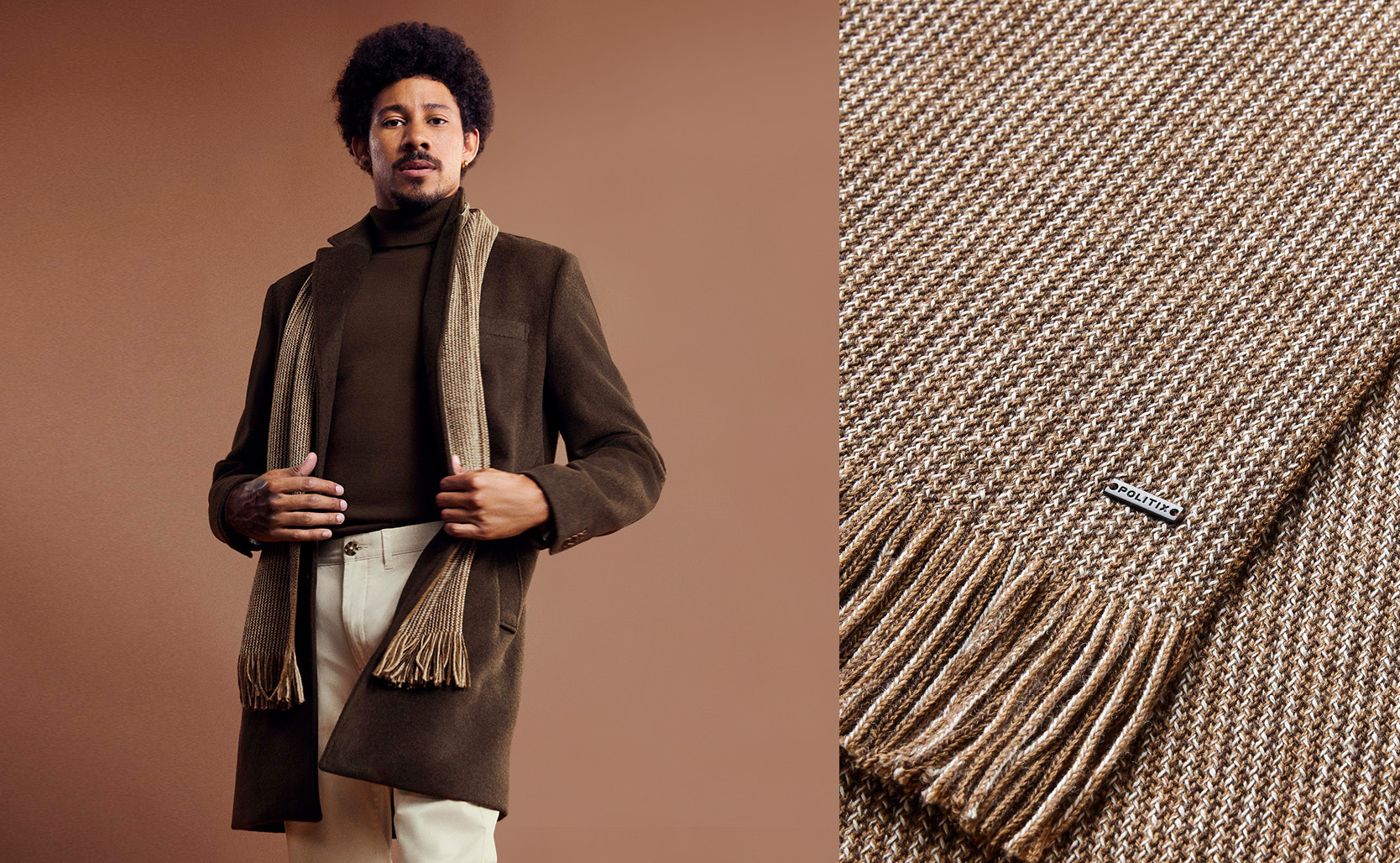 POLITIX winter outfit featuring scarf Model wearing POLITIX winter outfit featuring scarf