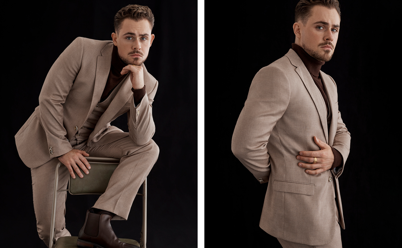 Collage of Dacre Montgomery in biscuit three piece suit and chocolate roll neck with one leg up on char and looking in to the camera Dacre Montgomery for The Gentle Man