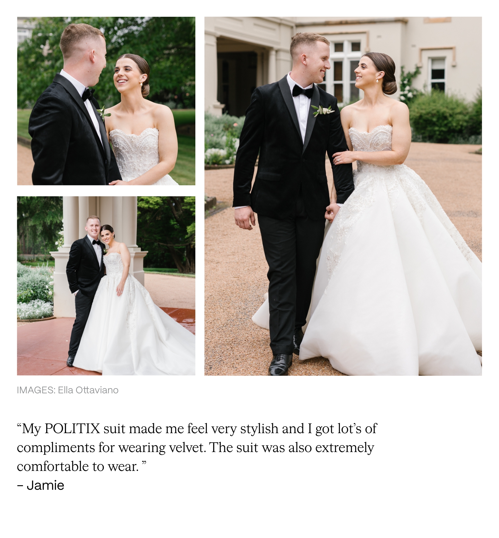 Collage of Abby and Jamie. Jamie wearing POLITIX suit for his wedding Abby and Jamie