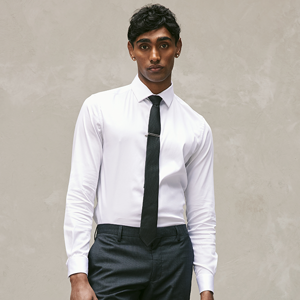 Model wearing POLITIX Slim Sateen Long Sleeve Shirt