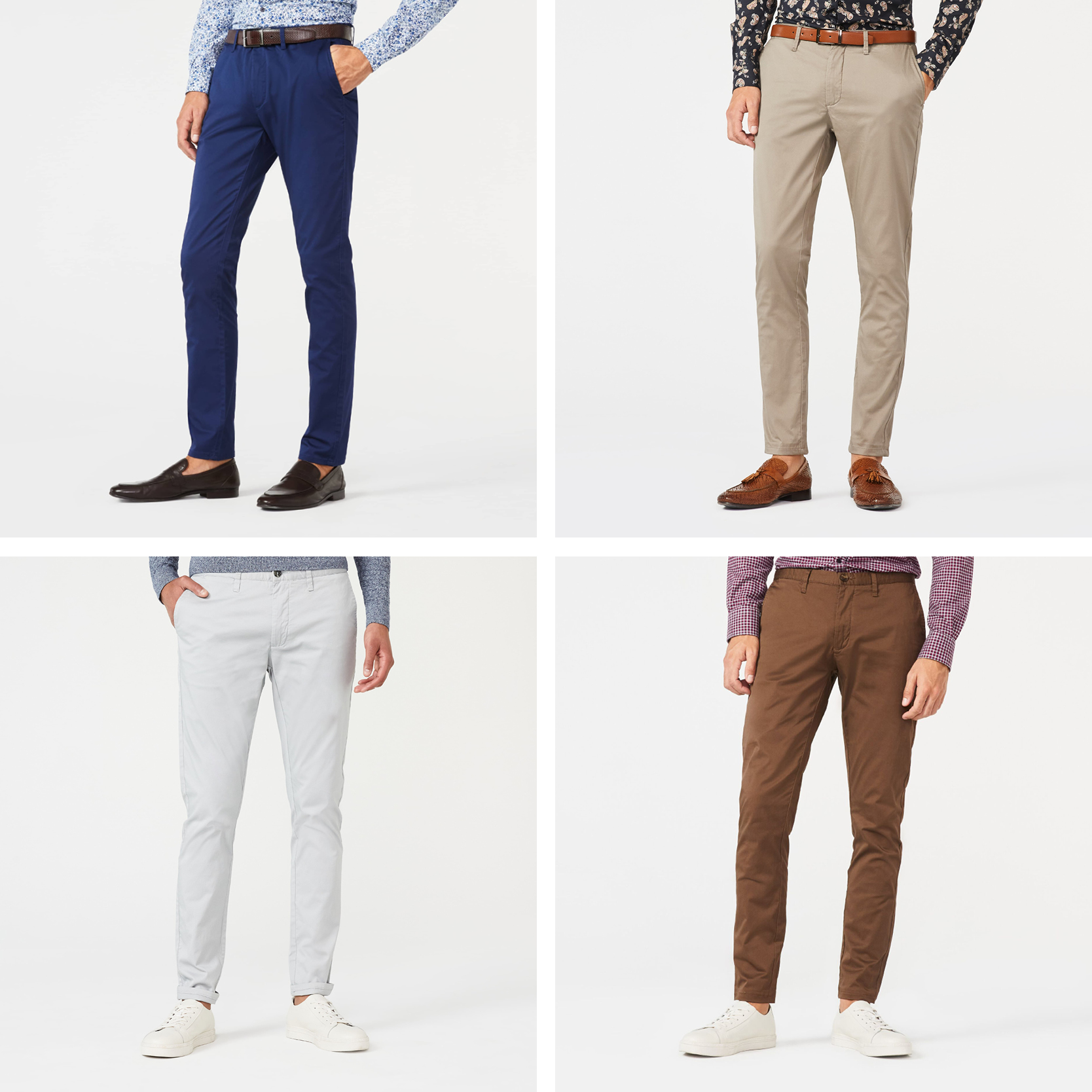 Chino colours for winter Collage of different colour winter Chinos: Light Brown, Navy, Cocoa and Grey