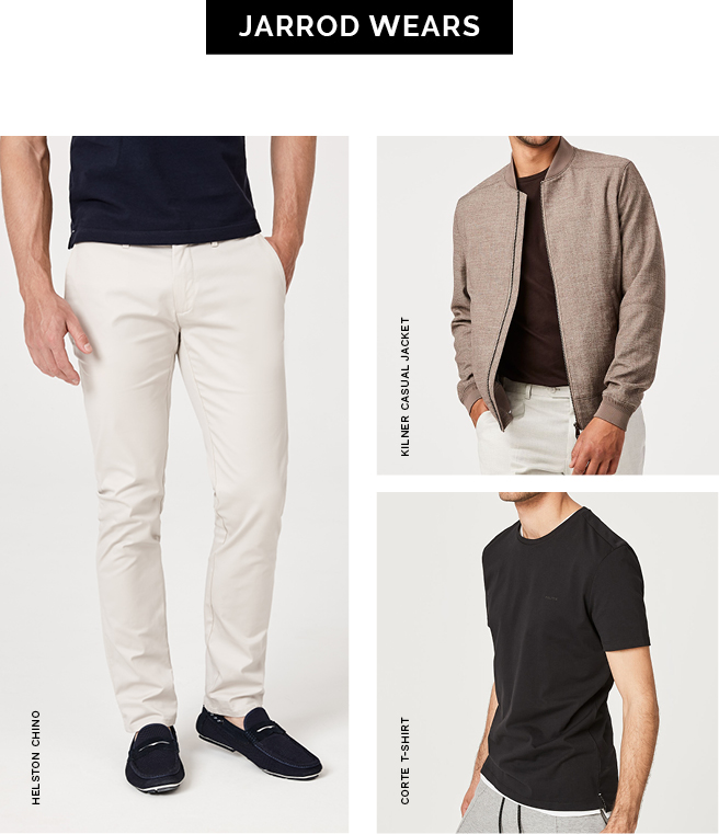 Jarrod Wears Jarrod Wears featuring images of tan bomber jacket, black t shirt and cream chinos