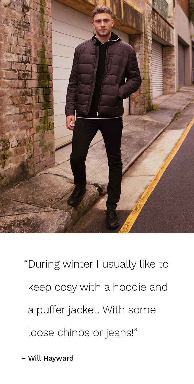 Gif of Will Hayward wearing black buffer jacket, black knite hoddies, black jeans and black boots