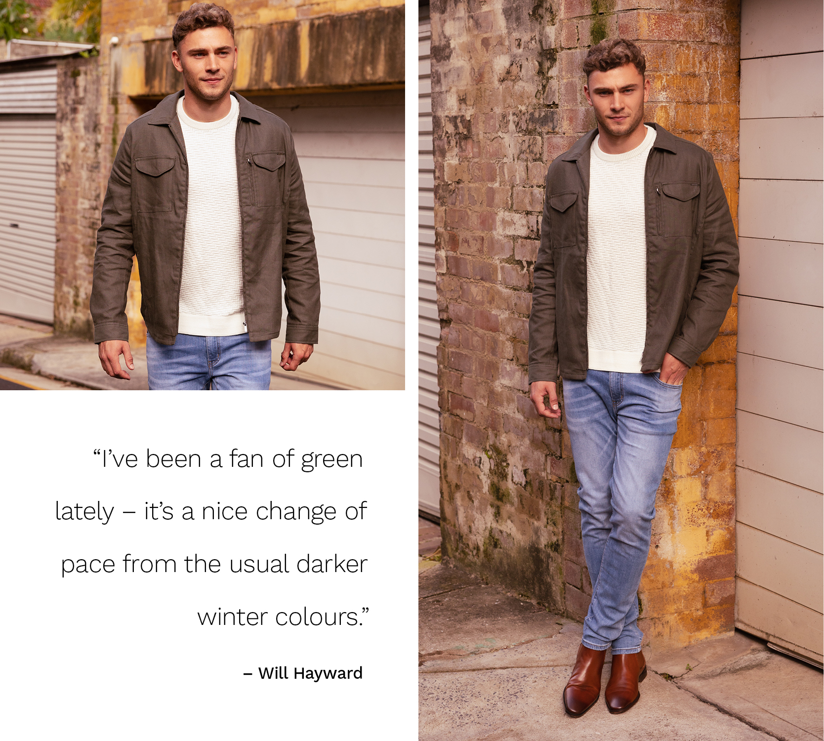 Will Hayward outside wearing white knit, Khaki utility jacket, blue jeans and brown boots