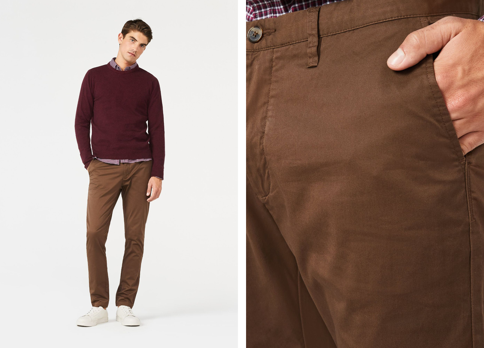 What are chinos? Side by side images of cocoa winsor ultra slim chinos with close up