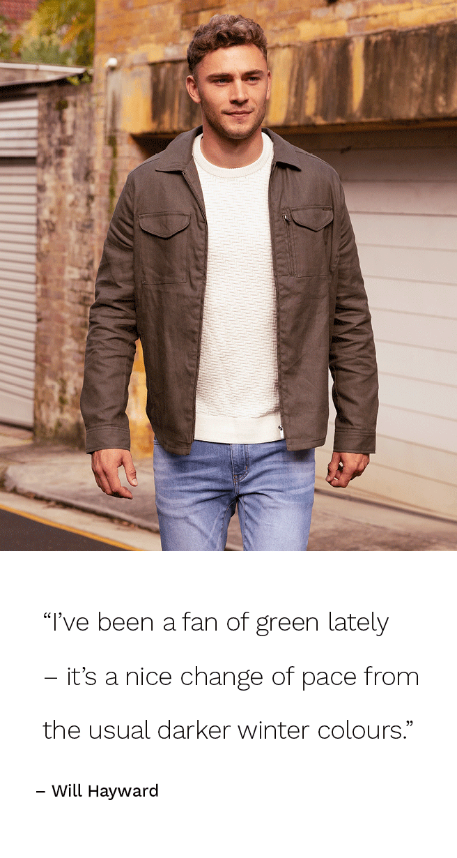 Will Hayward featuring POLITIX Gif of Will Hayward wearing whote knit, Khaki Utility Jacket, blue jeans and brown boots