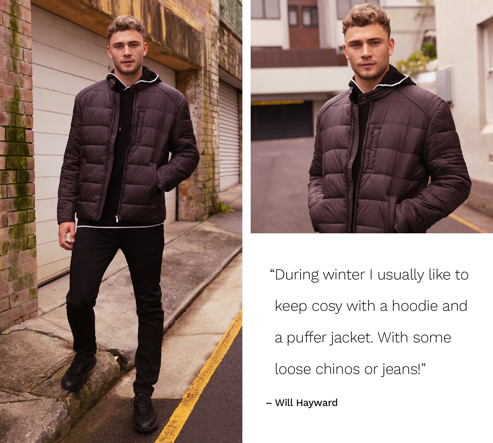 Will Hayward featuring POLITIX Will Hayward outside wearing black puffer jacket, black knit hoodie, black jeans and boots