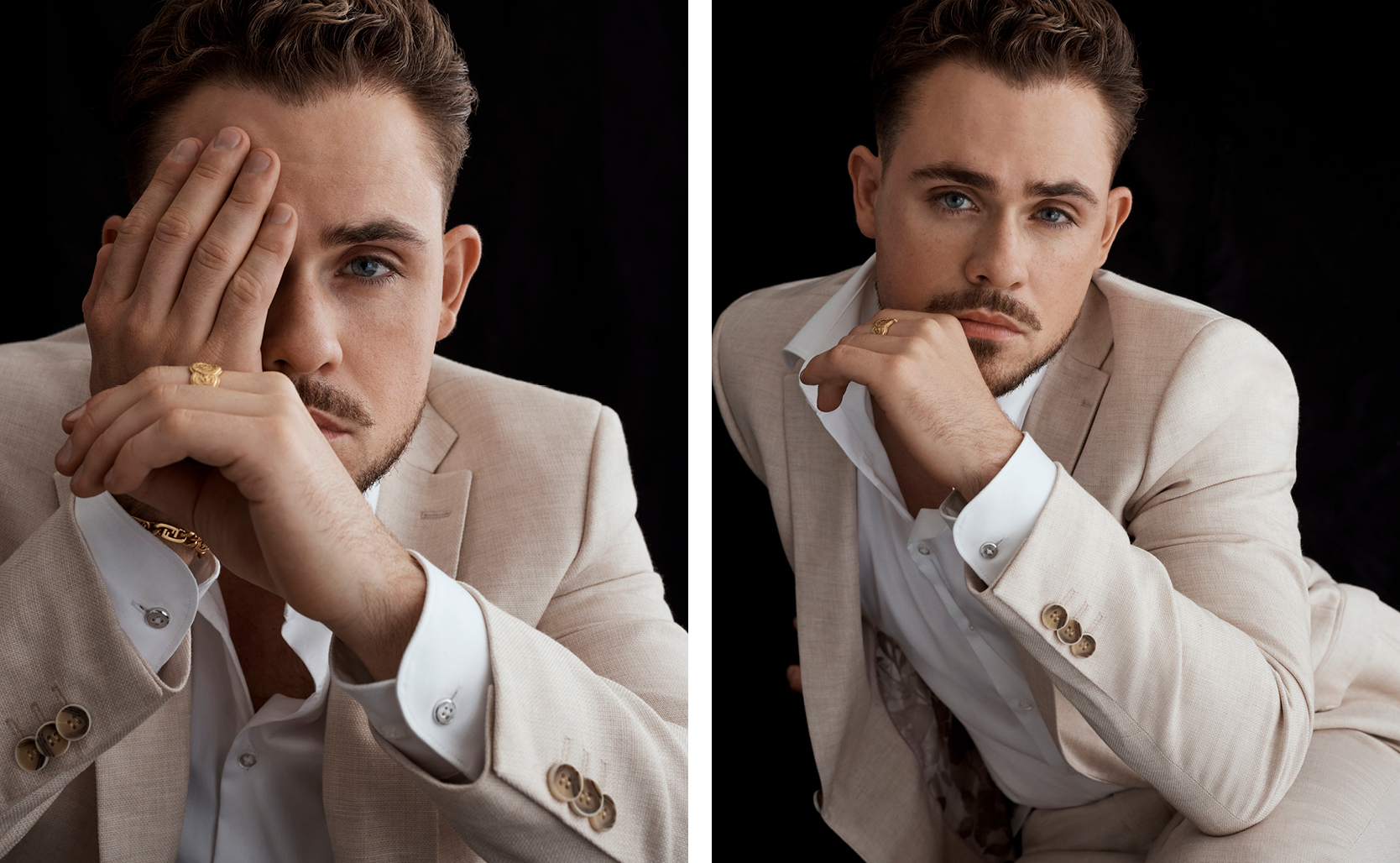 Collage of Dacre Montgomery wearing Natural suit with white shirt and gold jewellery covering one eye with hand and looking into camera Dacre Montgomery for The Gentle Man