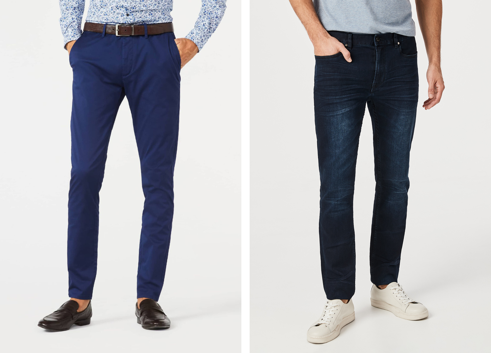 Chinos vs Jeans Side by side image of dark blue chinos vs. dark indigo jeans