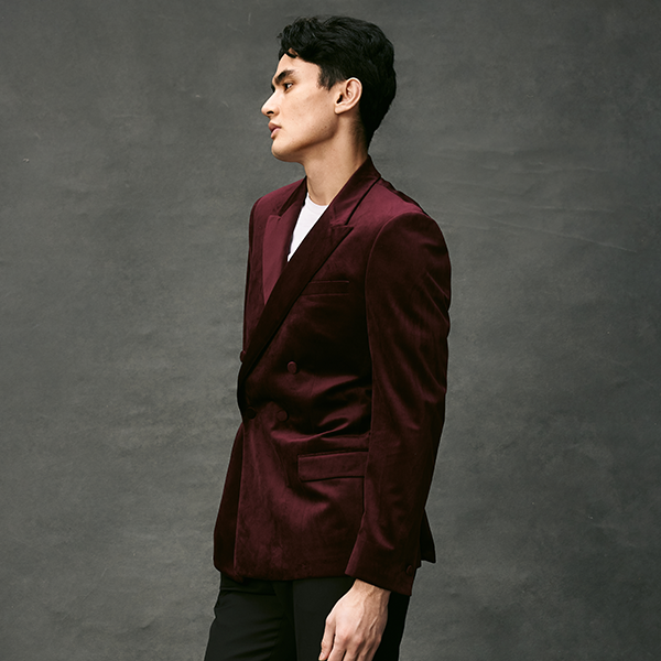 Model wearing Double Breasted Bordeaux Tuxedo Jacket