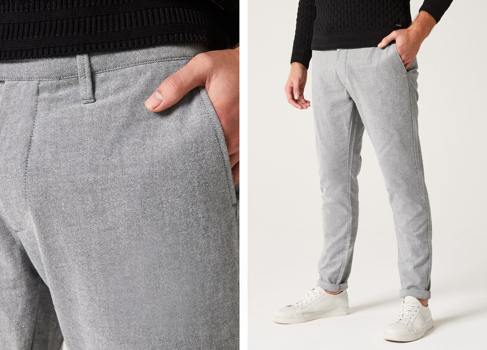 Specialty Chinos Model wearing grey specialty cotton twill chino and closeup